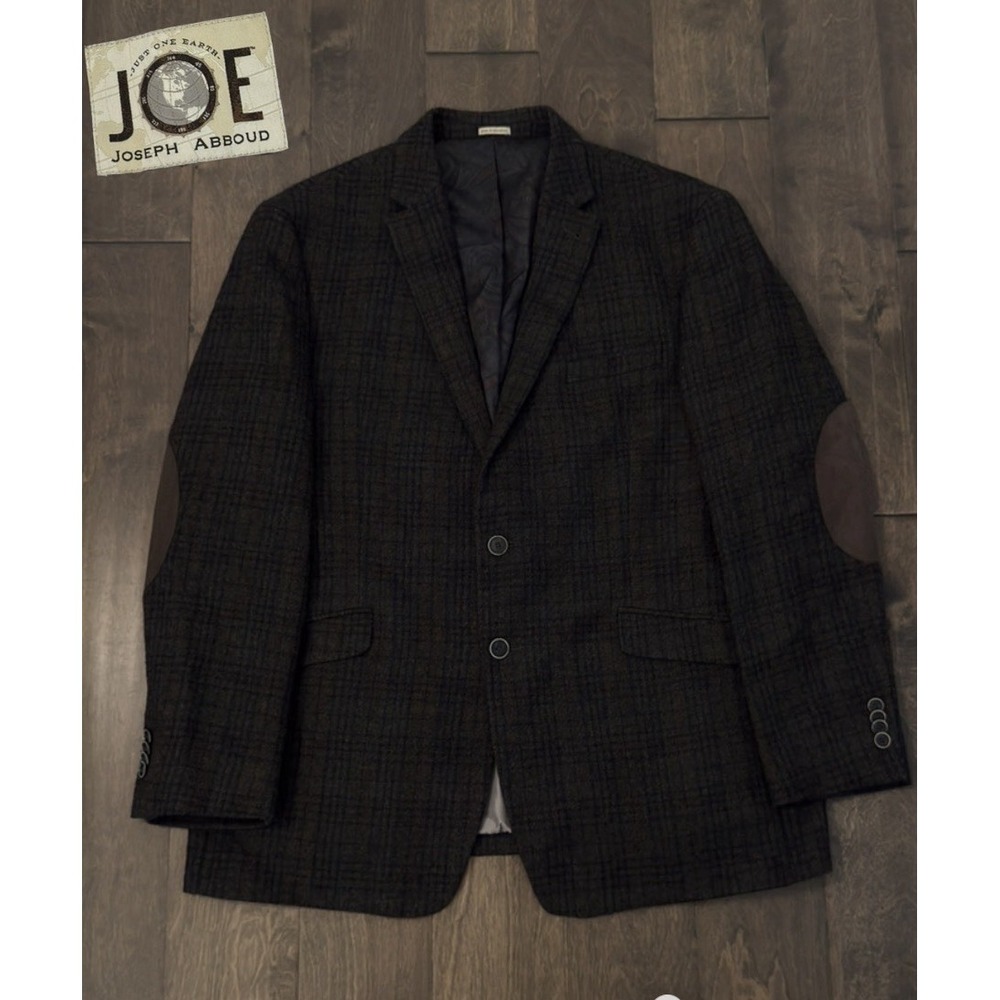 Joseph Abboud JOE Mens 46R Slim Fit 100% Wool Brown Plaid Blazer Elbow Patches